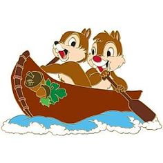 two chipmuns are riding in a boat with holly leaves on the front and back