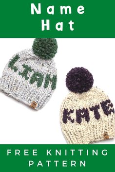 two knitted hats with the words name hat written on them, one is green and white