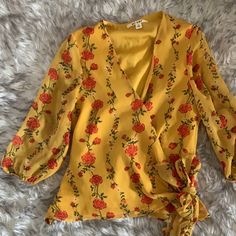 Yellow And Red Rose Wrap Dress Mustard Blouse For Spring Brunch, Red Rose Print Top For Spring, Yellow Printed Top For Brunch, Printed Yellow Tops For Brunch, Red Shirt Outfit, Riverside Cottage, Floral Wrap Top, Oversized Flannel, Crop Top Sweatshirt