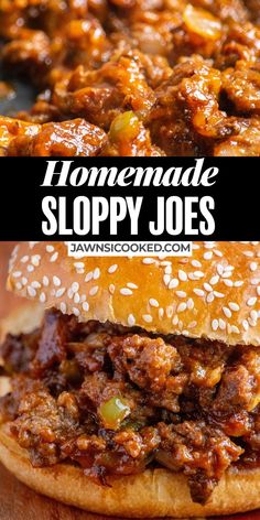 homemade sloppy joes sandwich on a wooden cutting board with text overlay that reads homemade sloppy joes