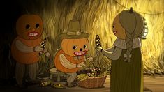 three cartoon characters dressed as pumpkins and scarecrows in a cornfield, one holding a basket