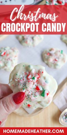 christmas crockpot candy is being held up in front of the camera with text overlay