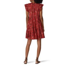 Red printed cotton (51% Cotton, 49% Rayon). Shift. Cap sleeves. High neckline. Center back neck button closure. Pockets. 37" from shoulder to hemline. Imported. Red Cotton Mini Dress With Ruffles, Red Knee-length Cotton Mini Dress, Casual Cotton Dress With Cap Sleeves, Casual Cotton Cap Sleeve Dress, Red Cotton Knee-length Dress, Red Cotton Midi Dress For Daywear, Red Knee-length Cotton Dress, Red Floral Print Cotton Dress, Red Short Sleeve Cotton Mini Dress