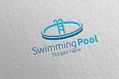 the swimming pool logo is displayed on a white surface with blue letters and an image of a