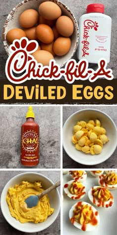 the process to make deviled eggs is shown in four different pictures, including an egg shell