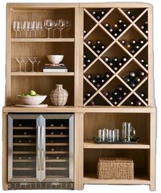 an open wine cabinet with several bottles and glasses