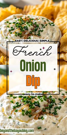 french onion dip with cheese and chives on top