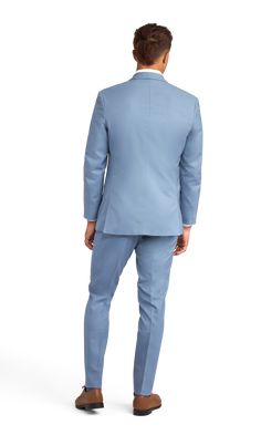 A slim light blue suit with two buttons and a notch lapel. Light Blue Suit, Pick Stitch, Brown Shoe, Blue Suit, Pocket Square, Verona, Midnight Blue, Nice Dresses, Light Blue