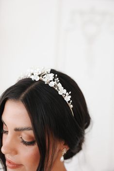 Porcelain floral crown accented with pearls and small crystals. Wear in the front like a traditional tiara or style in the back for a more modern look. Small Crystals, Floral Crown, Headpiece, Tiara, The Back, Porcelain, Crown, Crystals, Floral