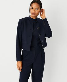 Elevate your wardrobe with the Ann Taylor Crew Neck Jacket in Seasonless Stretch, a must-have for any fashion-forward woman. This jacket, in a deep navy sky hue, seamlessly blends sophistication with versatility.

- Size: Regular - 4
- Color: Deep Navy Sky
- Material: 68% Polyester, 29% Viscose, 3% Spandex
- Lining: 100% Polyester
- Gender: Female
- Length: 18" long
- Features: Crew neck, long sleeves with functional buttons, button front, flap besom pockets, fully lined

Machine washable and cr New York Work Outfit, Navy Suit Women, Navy Outfits For Women, Womens Navy Suit, Female Tux, Chanel Loafers, Female Features, Navy Uniform, Womens Suit