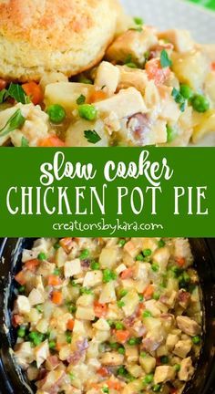 slow cooker chicken pot pie in a crock pot with peas and carrots