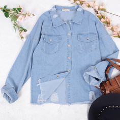 Women's Classic Distressed Denim Jacket Long Sleeve Button Down Ripped Boyfriend Jean Trucker Jackets Ripped Medium Wash Button-up Outerwear, Ripped Denim Blue Button-up Denim Jacket, Ripped Denim Blue Button-up Jacket, Ripped Light Wash Button-up Denim Jacket, Light Wash Ripped Button-up Denim Jacket, Ripped Light Wash Button-up Outerwear, Medium Wash Ripped Button-up Outerwear, Trendy Spring Denim Top With Buttoned Pockets, Trendy Light Wash Denim Jacket With Buttons