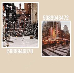 two pictures of buildings in the snow and one with a christmas tree on it's side