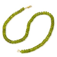 Peridot Necklace with Gold Filled Lobster Clasp Approx. 18" long Bead Size : 8mm x 5mm Smooth Rondelles Strung and Knotted on Silk Cord Peridot is the official birthstone for the month of August and is also the stone for the Zodiac sign of Leo and Virgo. Peridot is a unique stone because it only comes in one color, green, although, the shade and hue vary depending on the iron content. Peridot is also the only gemstone that is sometimes found in meteorites. Historically the volcanic island Zabarg Peridot Gemstone Beads Jewelry, Green Rondelle Beads Jewelry 8mm, Volcanic Island, Month Of August, Peridot Necklace, Leo And Virgo, Silk Cord, Lobster Claw, One Color