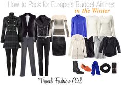 the travel fashion guide for europe's budget - conscious travelers is shown in black, white and blue