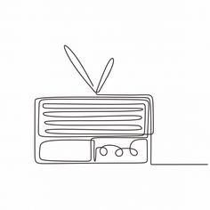 a line drawing of an old fashioned tv with scissors on it's top shelf