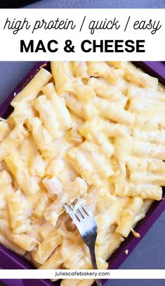 macaroni and cheese in a purple dish with a fork