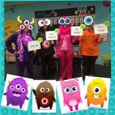 three girls in costumes holding up signs with monsters on them and one girl wearing eyeballs