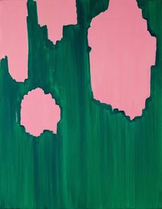 an abstract painting with pink and green paint on the bottom half of each piece,