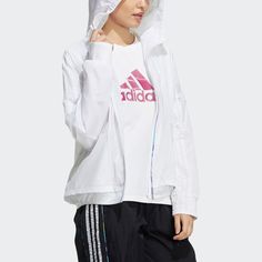 Women's adidas Str W Wb Light Sports Hooded Jacket White H09739 White Spring Activewear With Three Stripes Branding, White Activewear For Spring, White Moisture-wicking Track Jacket For Spring, Spring White Moisture-wicking Track Jacket, Spring Adidas White Activewear, Sporty Adidas Windbreaker With Logo, Adidas Spring Track Jacket, Adidas Track Jacket For Spring, Adidas Spring Sporty Activewear