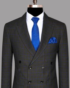 Wood Brown with Royal Blue windowpane Wool Double Breasted Tweed Blazer BL690DB-PP-44 Blazer For Men, Designer Blazers, Tuxedo Blazer, Blazer Designs, Brown Plaid, Tweed Blazer, Double Breasted Blazer, Blazers For Men, Tie And Pocket Square