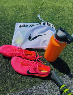 a pair of pink shoes next to an orange water bottle on the grass with a white and black flag in the background