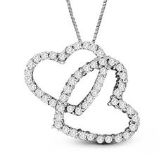 This pretty double heart pendant is made of 14K white gold. It is set with 3/4 ct tw diamonds. Comes with an 18 inch box chain.~This style is handcrafted and requires 5 days for the jeweler to complete prior to shipping.~ Interlocking Hearts, Heart Shaped Pendant Necklace, Heart Pendant Diamond, Heart Shape Pendant, Latest Jewellery, Diamond Fashion, Pendant Design, Diamond Heart, Box Chain