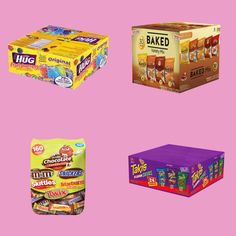 four boxes of candy on a pink background