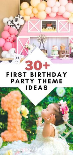 the first birthday party theme for a baby's first birthday with balloons and decorations