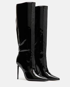 PANTHER Black Patent Knee High Pointed Toe Boot | Women's Boots – Steve Madden Black Boot Heels, Knee High Stiletto Boots, Luna Fashion, Outfits Jewelry, Panther Black, Boot Heels, Steve Madden Store, Black High Heel Boots, Pointed Toe Boots