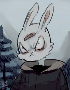 an animated rabbit is standing in front of some trees with its eyes closed and it's head turned to the side