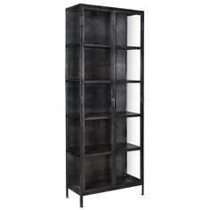 a tall black bookcase with glass doors on the front and bottom shelves, against a white background