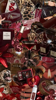 a collage of many different items including lipstick, perfume bottles and leopard print