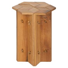 a wooden cabinet with two doors and knobs