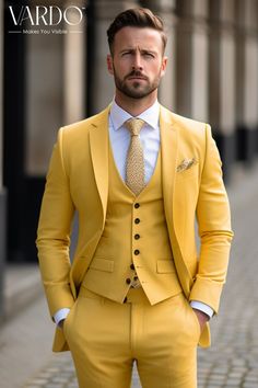 >>ORIGINAL ARTWORK AND CONTENT, PLEASE DO NOT COPY<< Men Suits, Suits For Man, Stylish Yellow Three-Piece Suit for Men | Elegant Formal Wear for Every Occasion, Formal piece Wedding Suit, Double Breasted, Formal Fashion Slim Fit Suit Elevate your style with our Classic Yellow Three Piece Suit for Men, a timeless ensemble that seamlessly blends sophistication and modern flair. This tailored fit suit is perfect for weddings, formal events, or any occasion where you want to make a statement. 🌟 Impeccable Craftsmanship: Meticulously crafted with precision, this three-piece suit boasts a tailored fit that accentuates your silhouette, ensuring a sharp and polished look. The high-quality fabric provides both comfort and durability, making it a must-have addition to your wardrobe. 💛 Timeless Ele Groomsmen Attire Yellow, Three Piece Suit For Men, Suit Ideas, Formal Fashion, Suit For Men, Elegant Man, Groomsmen Attire, Mens Fashion Classy