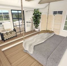 an artist's rendering of a bedroom with wood floors and white walls, including a bed