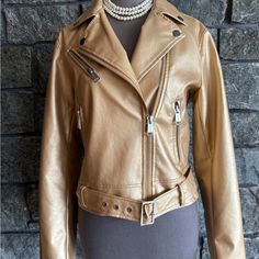 Moto Jacket, Faux Leather Gold By Guess. Size Large, Worn A Few Times, Like Brand New. Trendy Gold Outerwear For Fall, Casual Fitted Gold Outerwear, Trendy Fitted Gold Outerwear, Gold Fitted Casual Outerwear, Chic Gold Outerwear For Fall, Aviator Leather Jacket, Faux Leather Motorcycle Jacket, Moto Biker Jacket, Fur Leather Jacket