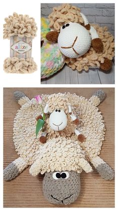 there is a stuffed sheep on the floor next to a crocheted rug and two pictures of it