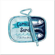 an illustration of some fish in a container with the words cornis sard on it