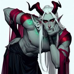 a drawing of a male elf with horns on his head and hands behind his back