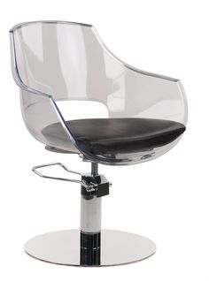 a clear chair with black leather seat and chrome base on an isolated white background in front of a white backdrop