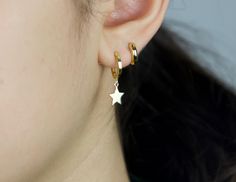 *Huggie hoops with charm, Star charm huggies hoop Earrings, gold vermeil star charm hoop earrings, gold star earrings, star earrings, hoops Price is for one piece earring (not for pair) *small dainty gold vermeil hoop earrings with tiny star charm/modern and simple everyday earrings *charm size:8mm x 8mm *Hoop size: 12mm *Comes with a cute little gift box *Gold only *Material: vermeil (gold plated over sterling silver 925 base material) *See simple huggie hoop here: https://www.etsy.com/listing/ 14k Gold Filled Huggie Earrings With Dangling Charms, 14k Gold Filled Earrings With Star Charm As Gift, Yellow Gold Star Charm Dangle Jewelry, Dainty Star-shaped Jewelry For Pierced Ears, Yellow Gold Dangle Jewelry With Star Charm, Minimalist Everyday Jewelry With Star Charm, Elegant Huggie Earrings With Star Charm, Sterling Silver Huggie Earrings With Dangling Charms For Everyday, Dainty Huggie Earrings With Charms And Dangle Shape