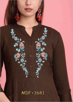 Tassels Fashion Clothing, Top Designs For Women, Embroidered Kurtis, Tunic Kurti, Latest Embroidery Designs, Clothing Store Displays, Stand Collar Blouse, Long Frock Designs, Hand Embroidery Dress