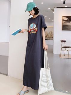 Sku CY-!63744 Material 80%Cotton Style Loose Feature Cartoon Printed , Split-side , Elasticity Neckline Round-neck Occasion Original Creation , Leisure Fashion Seasons Summer Type Dresses Color DEEP GRAY Size L,XL,2XL,3XL Please consult the size chart we provide for this item's measurements to help you decide which size to buy.Please note: There may be 1-3cm differ due to manual measurement. Bust Shoulder Sleeve Length L 42.52 20.08 6.30 46.46 XL 44.88 20.47 6.69 47.24 2XL 47.24 20.87 7.09 48.43 Oversized Cotton Casual Maxi Dress, Casual Graphic Print Loungewear Dress, Cotton Crew Neck Sleep Dress, Casual Cotton Sleep Dress, Cotton Graphic Print Dress For Daywear, Casual Long Maxi Dress For Loungewear, Cotton Maxi Sleep Dress, Casual Cotton Maxi Dress For Loungewear, Black Cotton Sleep Dress