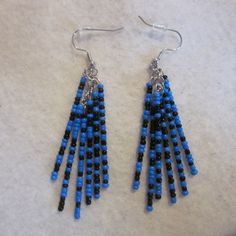 Blue & Black, Glass, Mini Seed Beads. Silver Tone, Nickle Free Fishhook. Adjustable Blue Earrings With Black Beads, Blue Dangle Jewelry With Black Beads, Black Bead Earrings, Black Earring, Beaded Fringe, Black Earrings, Earrings Blue, Fringe Earrings, Bead Earrings