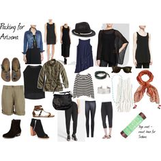 a collage of clothing and accessories including hats, scarves, shoes, scarfs