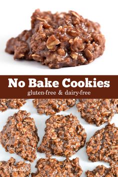 no bake cookies with chocolate and nuts in the middle, on a white background