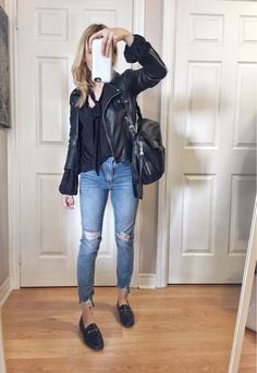 Penny Loafers Outfit, Black Penny Loafers, Distressed Jeans Outfit, Loafers Outfit, Black Leather Moto Jacket, Casual Skirt Outfits, Pinterest Fashion, Jeans Outfit, Business Casual Outfits