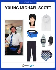 the costume guide for young michael scott is in blue and white, with his name on it