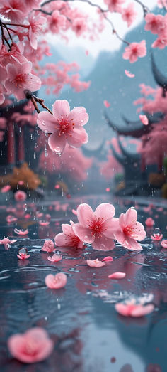 pink flowers are floating in the water